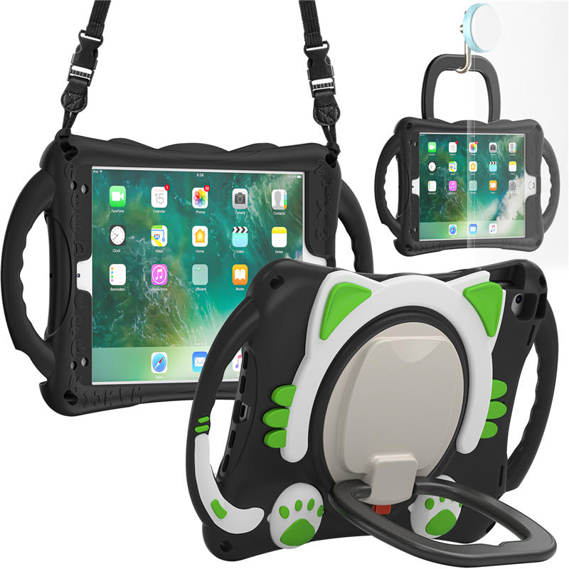 CatB Silicone Case For iPad Pro 9.7 inch Air1/2 Shockproof Shoulder Strap Handle Stand-Black Green