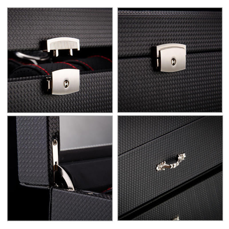 Watch Organizer Box with Drawer Display Case For Men Carbon Fiber Faux Leather Design