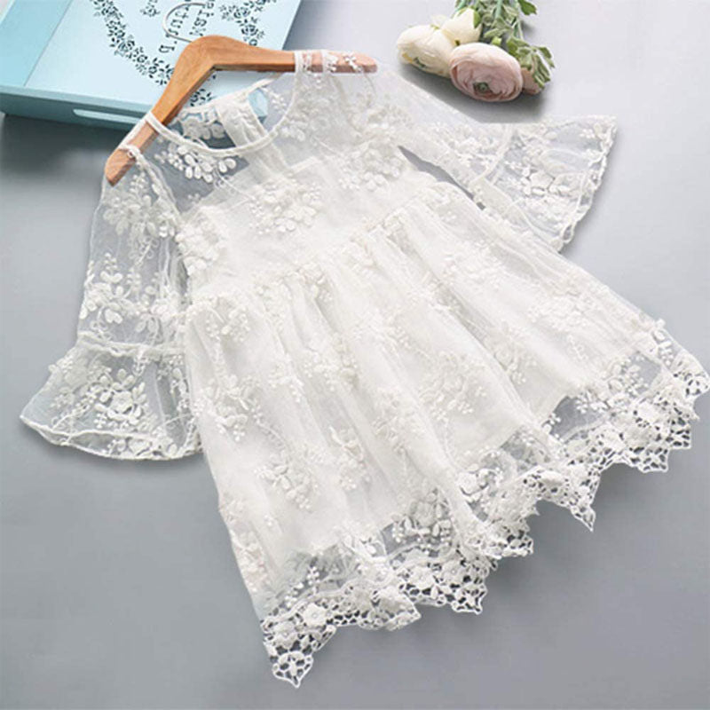 Flower Girls 3/4 Sleeve Dress Girls Lace Princess Party Tulle Summer Vintage Dress-White