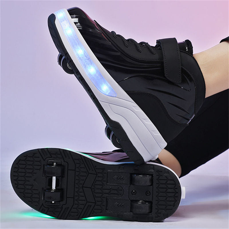 Fashion Kids Sneakers LED Roller Skate Shoes with Four Wheels-Black
