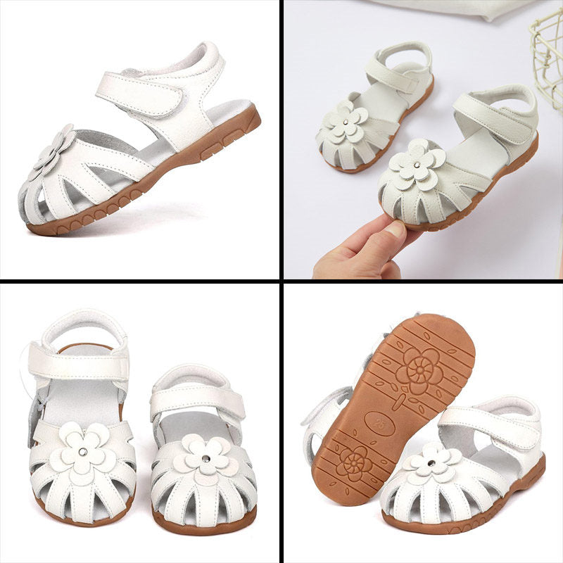 Flat Sandals for Toddler Girls Closed-Toe with Flower Summer Shoes-White