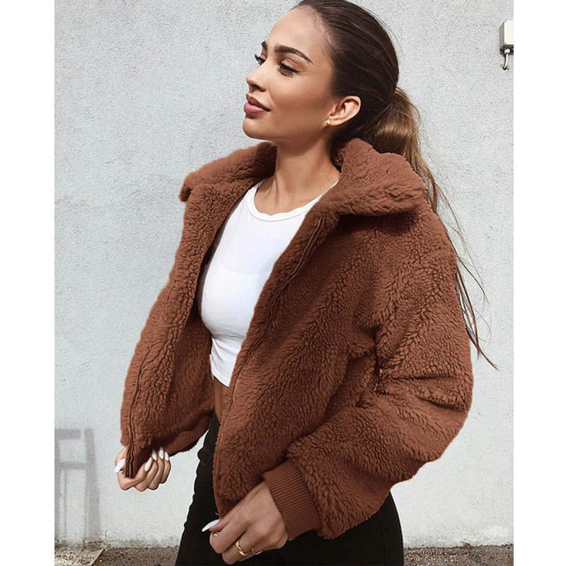 Womens Sherpa Fleece Jackets Lapel Zip Up Winter Warm Crop Outwear-Coffee