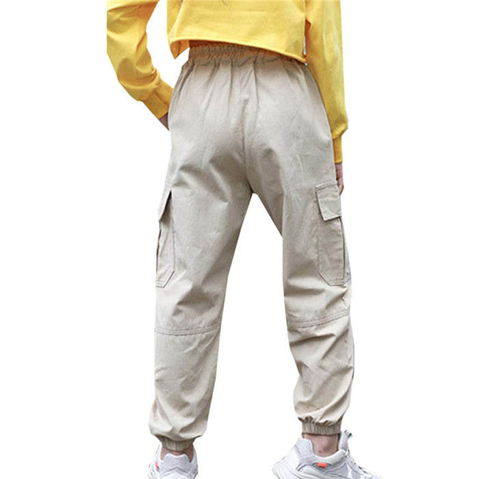 Girls Joggers Long Pants Pockets Outdoor Casual Trousers with Drawstring Multicolor-Khaki