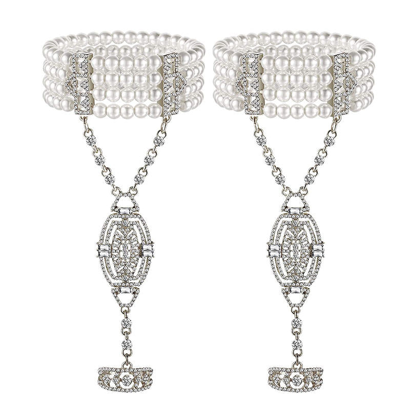2Pcs Pearl Crystal Bracelet Ring All-in-one Chain for Women-Silver