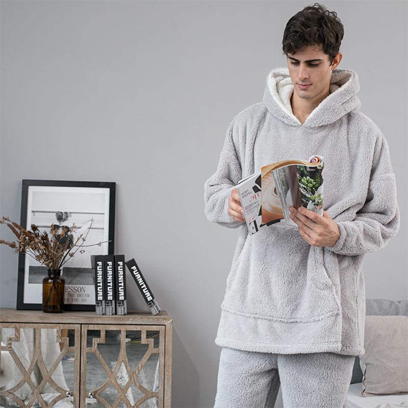 Hooded Pajama Top with Pocket for Unisex-Light Grey