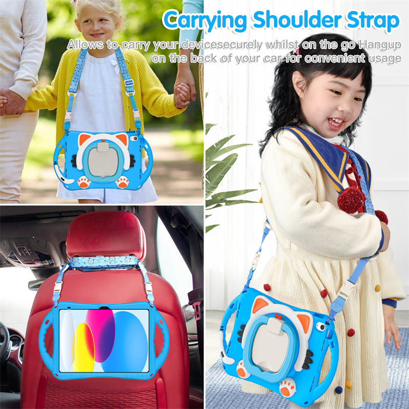 Cat Tablet Case For iPad 10th Kids Friendly with Handle Stand-LightBlue