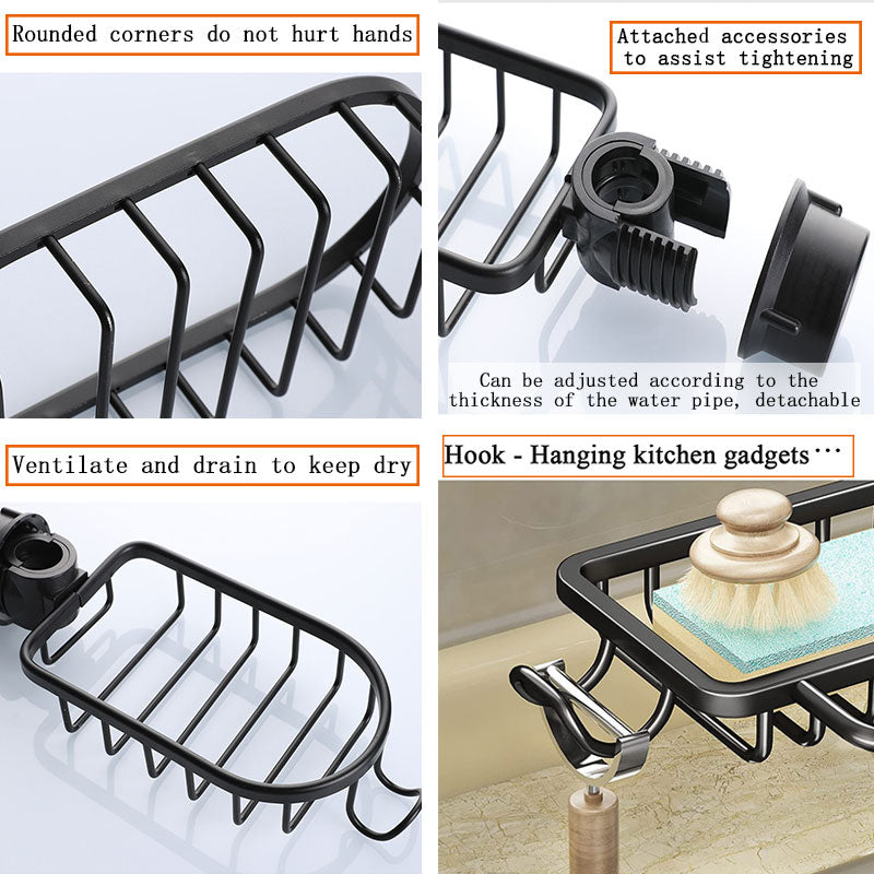 Faucet Sponge Holder Rustproof Sink Caddy for Dishcloth-Black with Rod