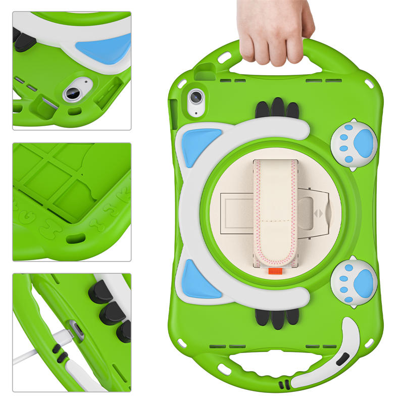 Cat Tablet Case For iPad 10th Rugged with Shoulder Strap-Green