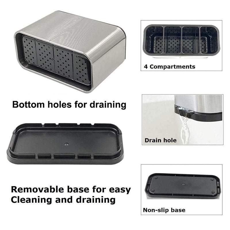 Utensil Holder Draining Stainless Steel with 4 Divided Compartments