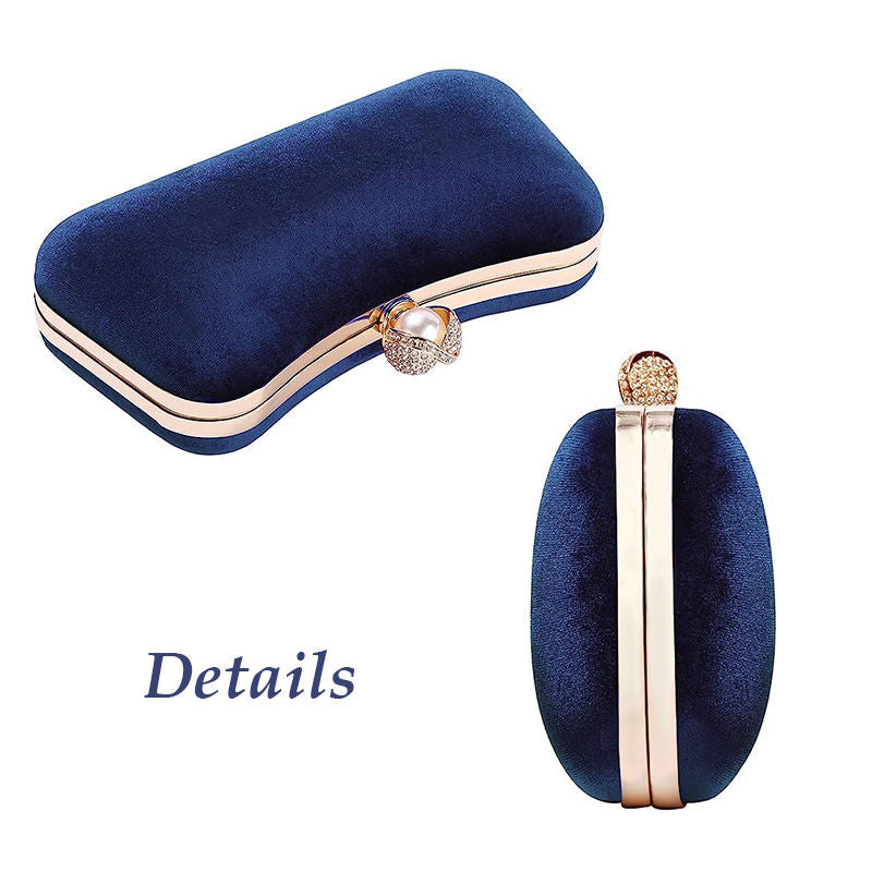 Velvet Evening Bags for Women With Flower Rhinestone Pearl for Party Wedding-NavyBlue