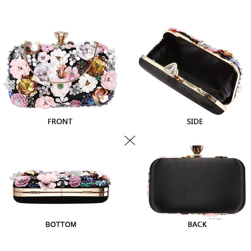Colorful Floral Clutch Evening Bags for Women Beaded Purse Prom Handbag-Black