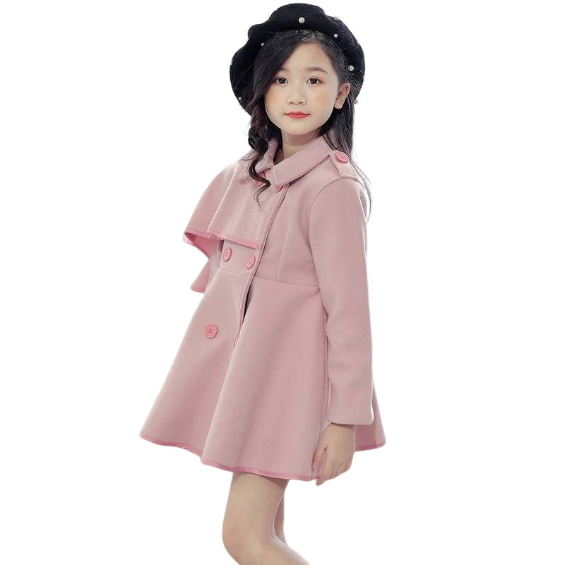Girls Woolen Long Coat Jacket Autumn Winter Warm Trench England Style-Pink