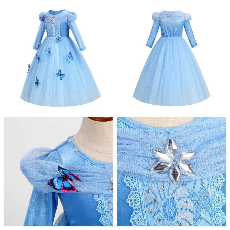 Girls Princess Dress with Accessories Butterflies Tulle Long Sleeve Gown-Blue
