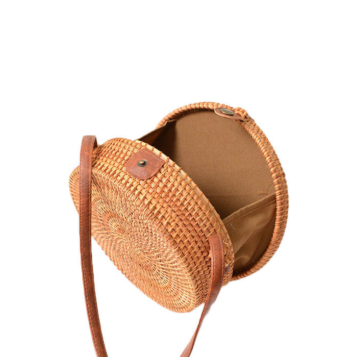 Handwoven Round Rattan Natural Chic Bag Shoulder Leather Straps Summer Beach-Brown