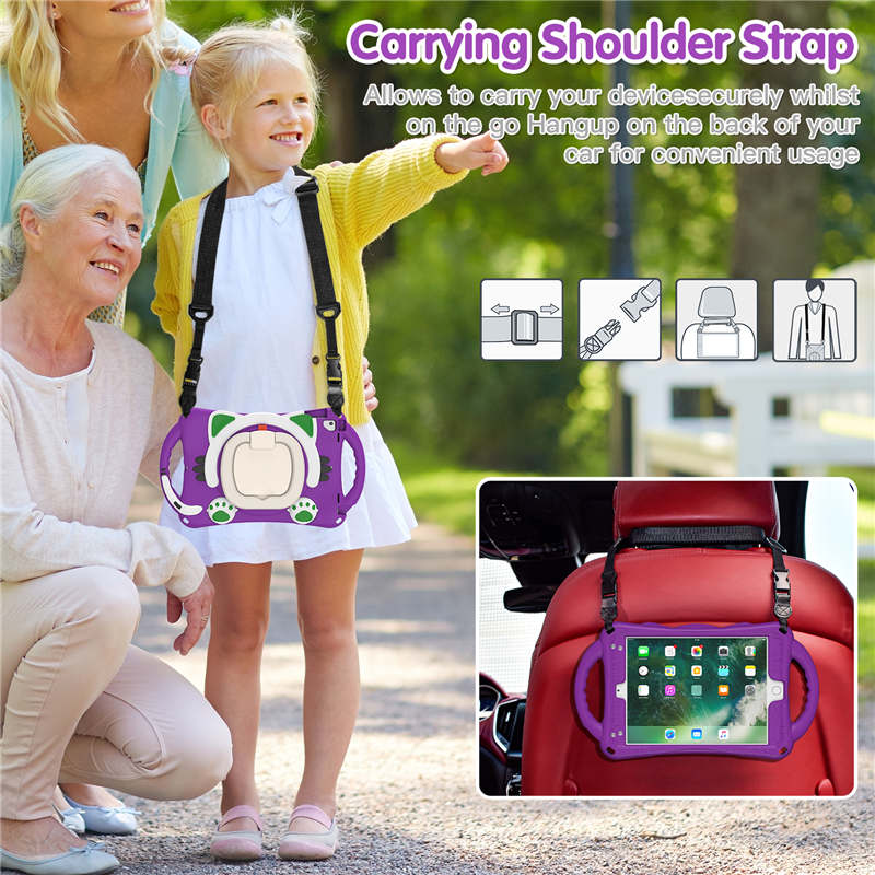 CatB Silicone Case For iPad Pro 9.7 inch Air1/2 Shockproof Shoulder Strap Handle Stand-Purple