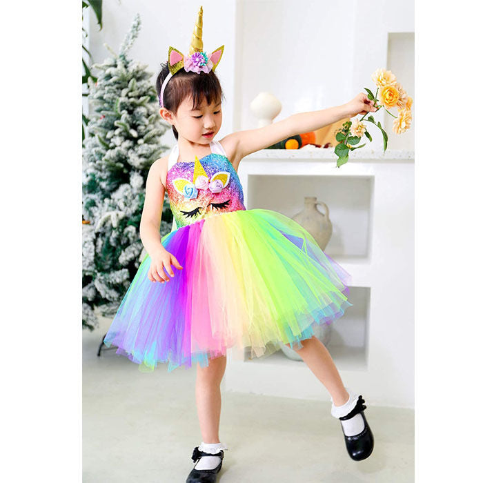 Sequin Unicorn Dress for Girls with Gold Headband Birthday Easter Gifts Dance Dresses-Rainbow