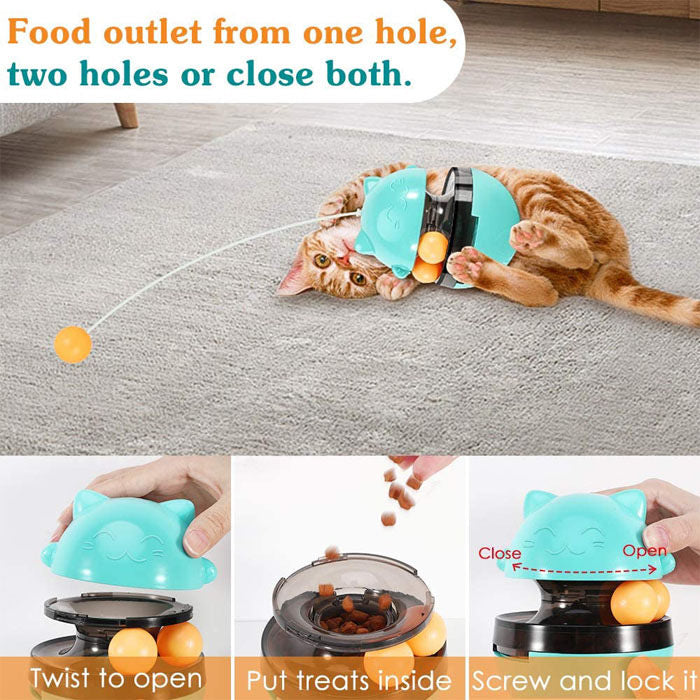 Tumbler Style Cat Food Dispenser Treat Toys with Dual Rolling Balls Detachable Wand-Blue