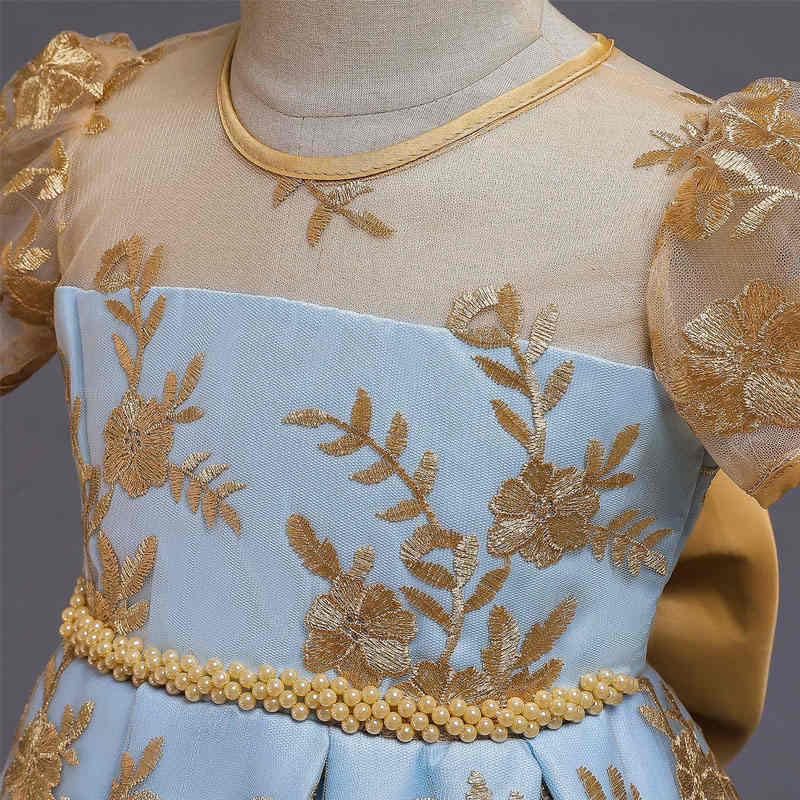 Girl Flower Lace Printed Cotton Elegant Tulle Bow Belt Princess Dress-Yellow