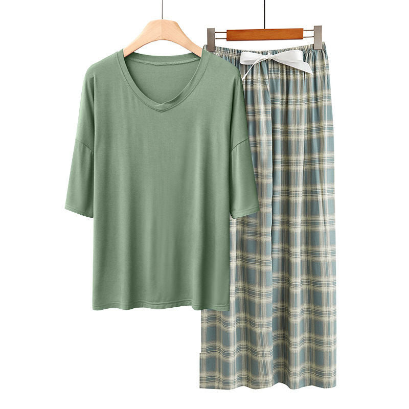 2 Pack Womens Pajama Set Print Sleepwear Soft V-Neck Short Sleeve Top With Pants-11