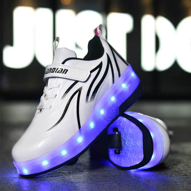 Double Wheel Roller Skate Shoes Light Up Sneakers for Boys Girls-Black White