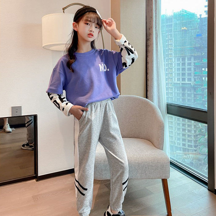 Girls Joggers Long Pants Pockets Outdoor Casual Trousers Two Bars-Gray