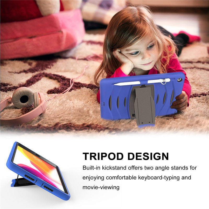 Shock Wave Kickstand Case Anti-Fall Protection With Pencil Holder+Cap For New iPad 7 10.2inch(2019)-Blue