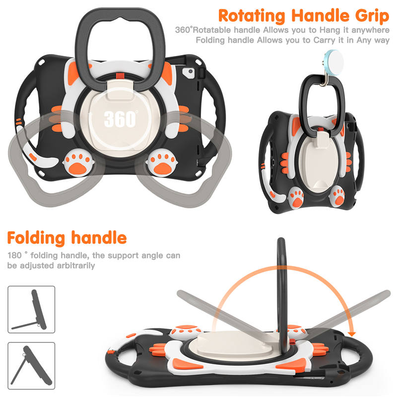 CatB Silicone Case For iPad Pro 9.7 inch Air1/2 Shockproof Shoulder Strap Handle Stand-Black Orange
