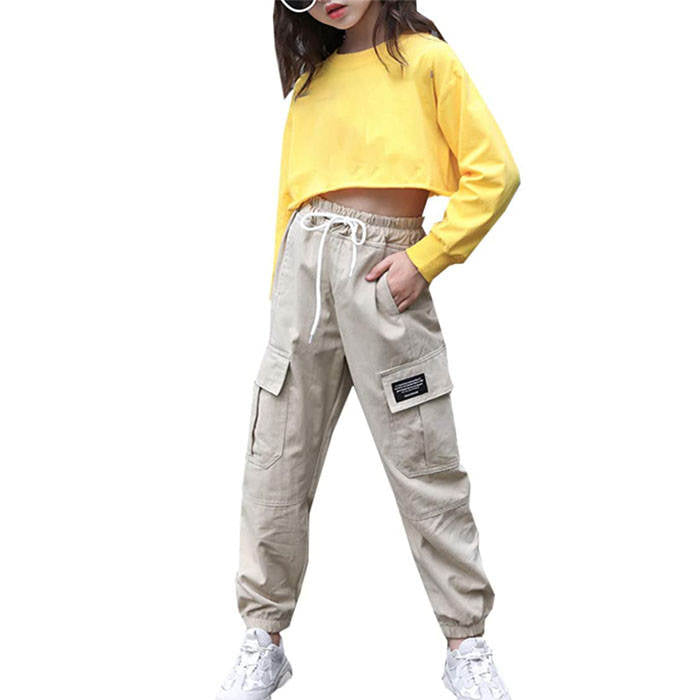 Girls Joggers Long Pants Pockets Outdoor Casual Trousers with Drawstring Multicolor-Khaki