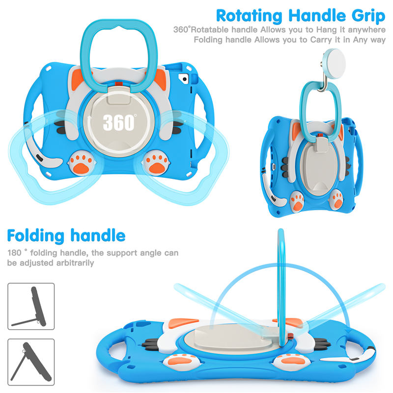 CatB Silicone Case For iPad 10.2 Air10.5 Pro10.5 Shockproof Shoulder Strap Handle Stand-Light Blue