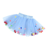 Girl Tutu Skirt Fluffy Toddler Tulle Tutus 3 Layers With Pom Pom Puff Balls-Blue