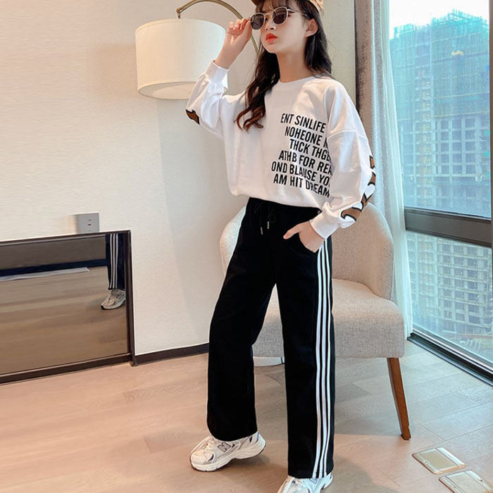 Girls Joggers Long Pants Pockets Outdoor Casual Trousers with Drawstring White Strips-Black