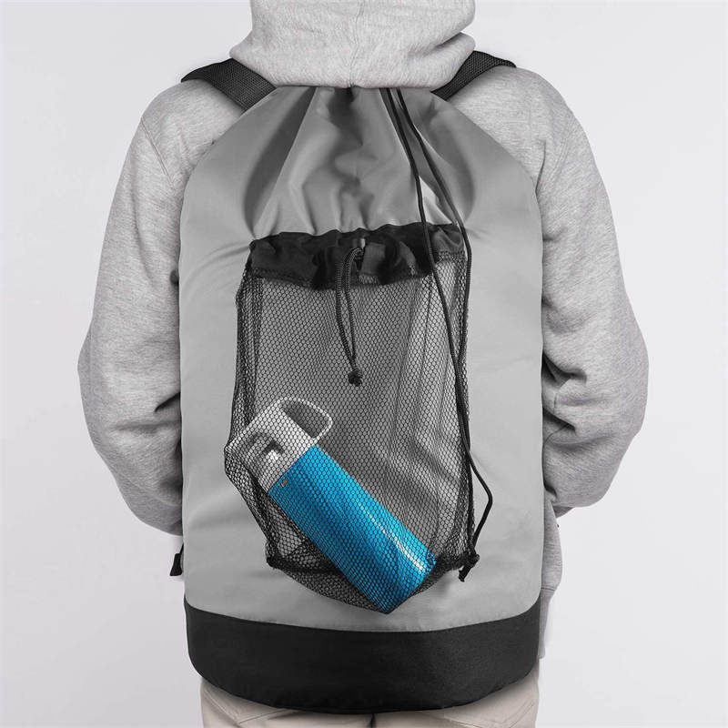 Backpack Laundry Bag With Shoulder Straps And Mesh Pocket Durable Nylon Clothes Bag for College Travel Laundromat -Gray