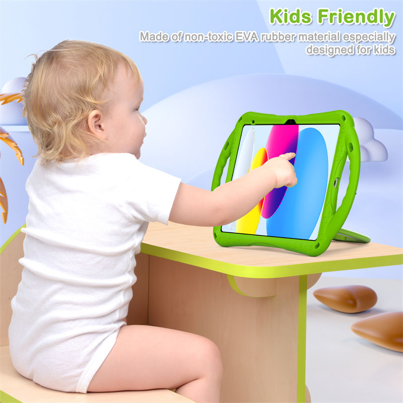 Cat Tablet Case For iPad 10th Kids Friendly with Handle Stand-Green