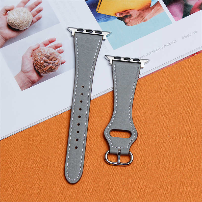 Apple Watch Strap Solid Color Leather for iWatch Series 7/SE/6/5/4/3/2/1-Grey