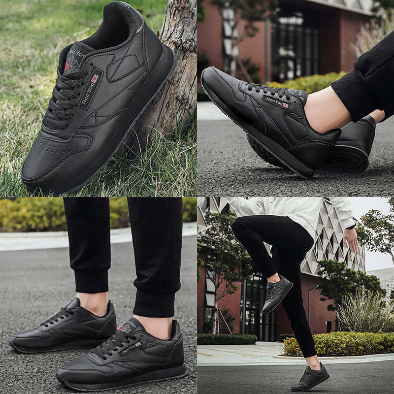 Couples Leather Sneakers Lace up Lightweight Cushioned Sport Shoes-Black
