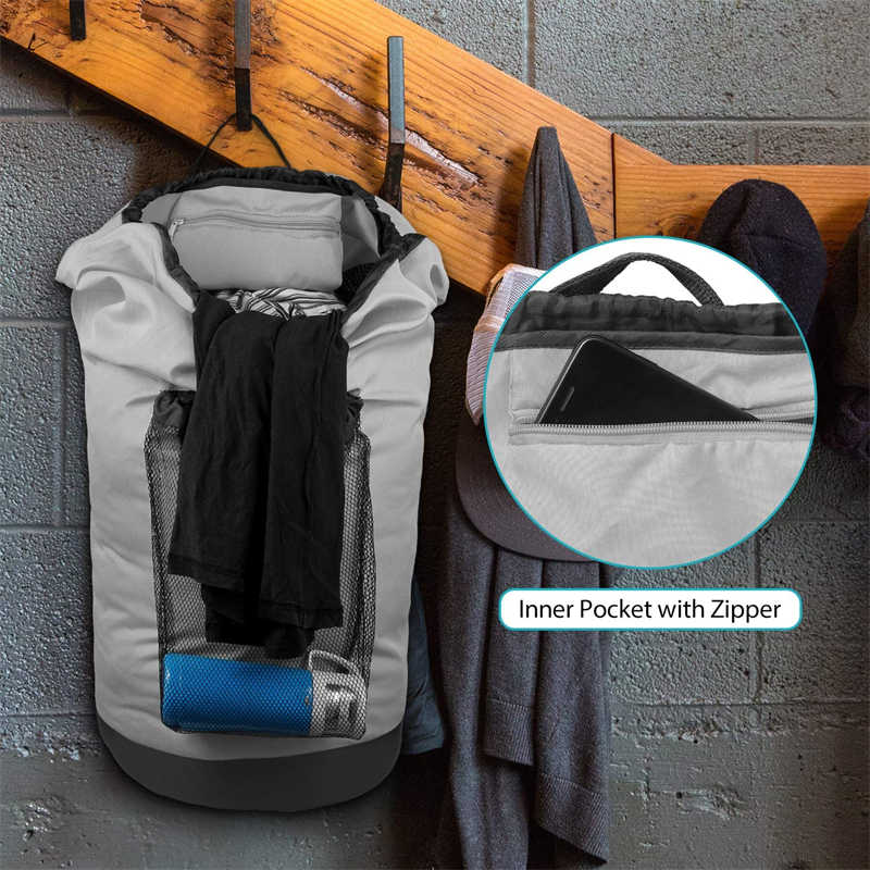 Backpack Laundry Bag With Shoulder Straps And Mesh Pocket Durable Nylon Clothes Bag for College Travel Laundromat -Gray
