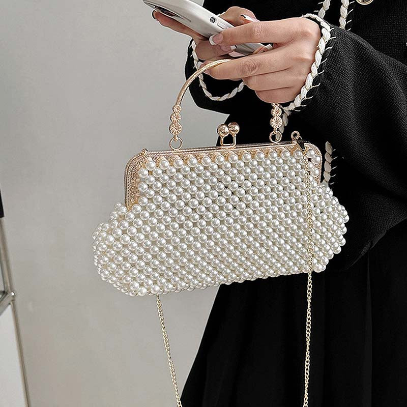 Women Pearl Clutch Bag Evening Bag with Chain Beaded Handbag for Party Prom Wedding