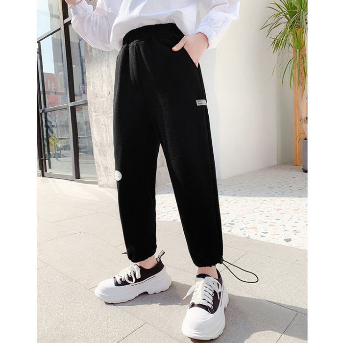 Girls Joggers Long Pants Pockets Outdoor Casual Trousers TwoWear-Black