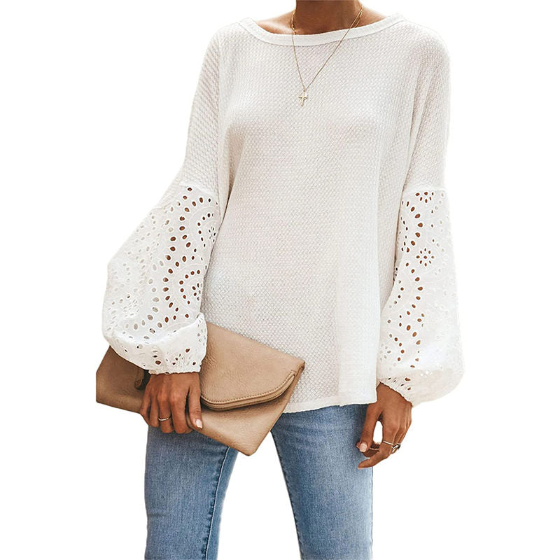 Womens Off Shoulder Tops Waffle Knit Lantern Long Sleeve Pullover-White