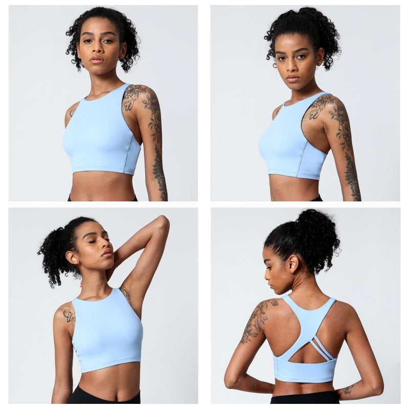 Criss-Cross Back Sports Bra Medium-High Support Workout Tops-Blue