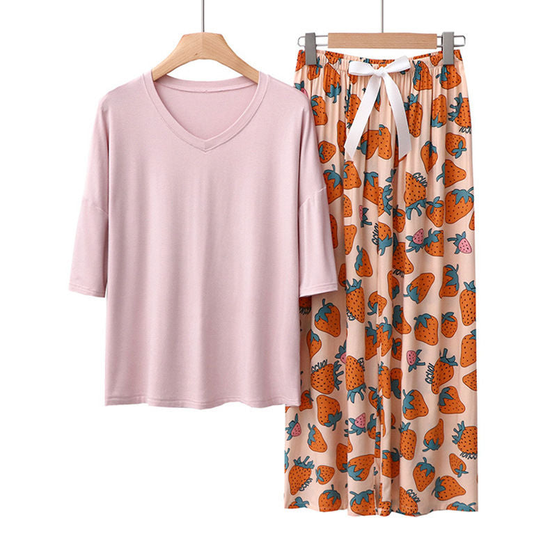 2 Pack Womens Pajama Set Print Sleepwear Soft V-Neck Short Sleeve Top With Pants-1