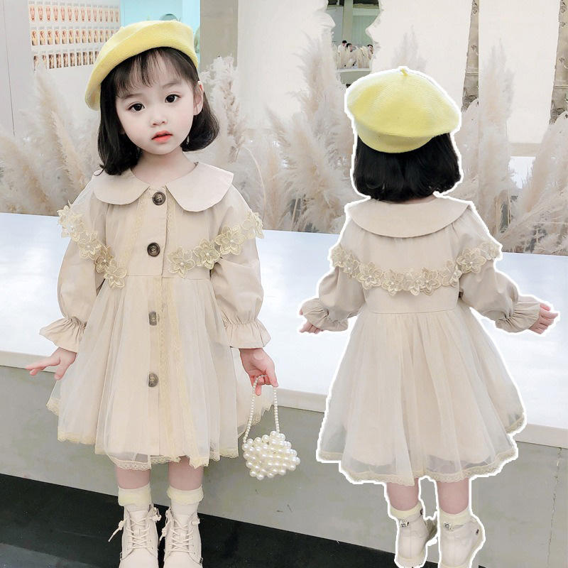 Girls Mesh Dress Spring and Autumn Doll Neck Mid length Trench Coat