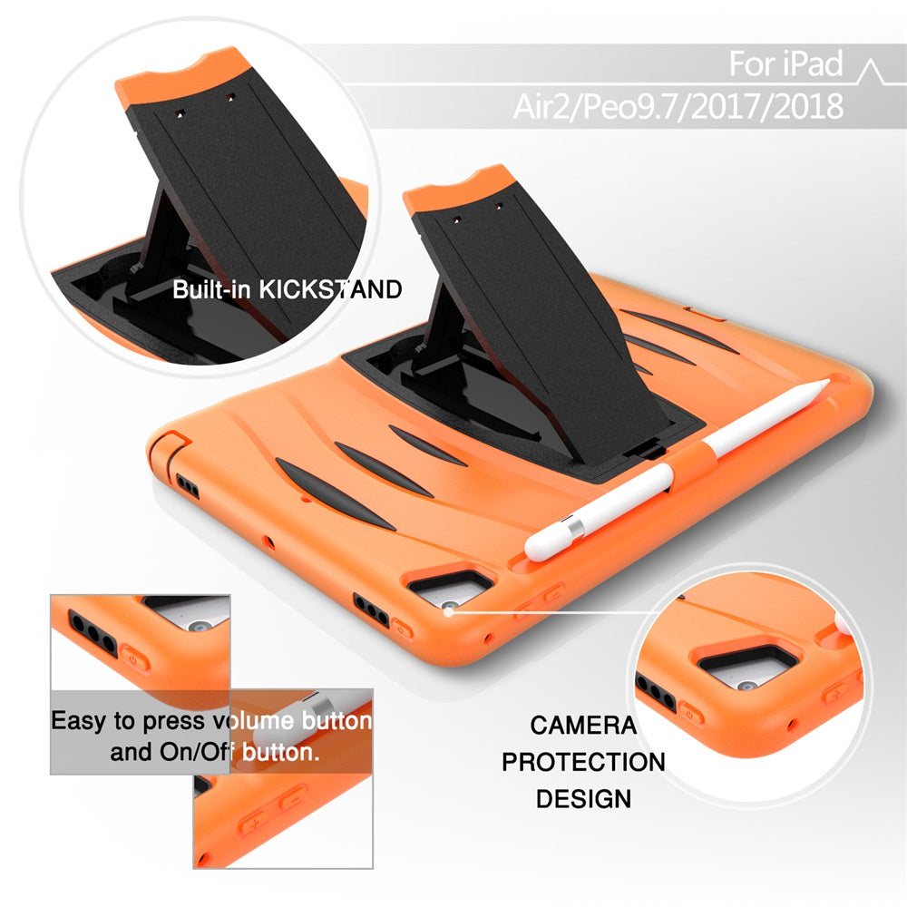 Shock Wave Kickstand Case Anti-Fall Protection With Pencil Holder For 9.7inch iPad 5/iPad 6/iPad Air2/iPad Pro9.7-Orange