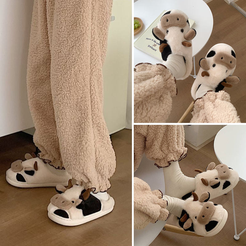 Cute Plush Cow Slippers for Women Anti-Slip Winter House Shoes