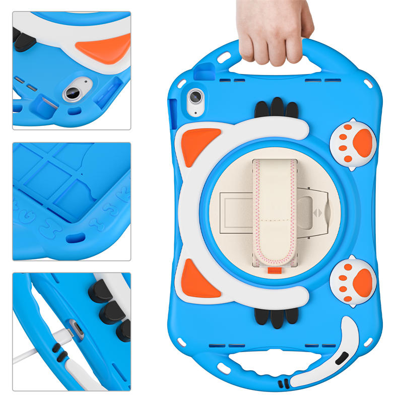 Cat Tablet Case For iPad 10th Rugged with Shoulder Strap-LightBlue