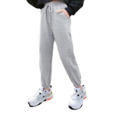 Girls Joggers Long Pants Pockets Outdoor Casual Trousers with Drawstring Splicing-Gray