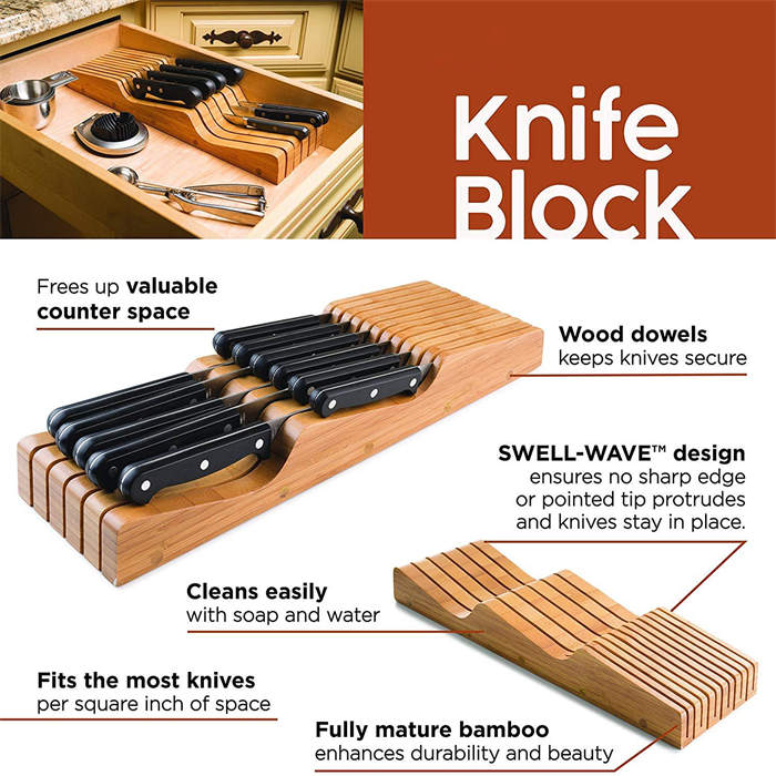 Bamboo Knife Block Organizer Wood Drawer Holder Insert Storage for Kitchen