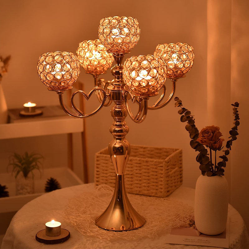 5 Arms Crystal Candelabra for Wedding Table Decoration-Gold