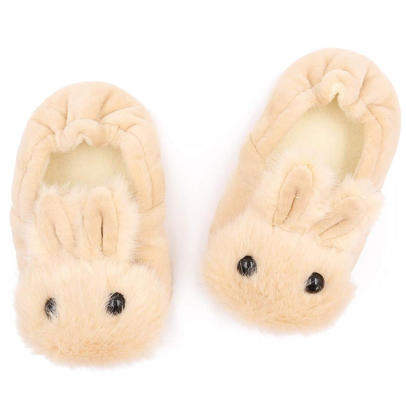 Fuzzy Rabbit Slippers for Toddler Girls Anti-Slip Warm House Shoes-Beige