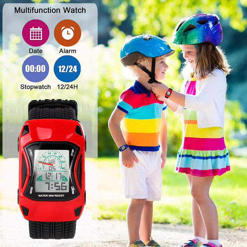 Kids Waterproof Sports Watches Digital LED Car Shape Watches-Red